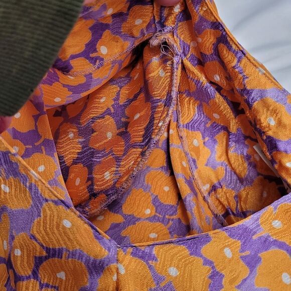 VINTAGE orange floral purple tie front short sleeve‎ blouse M - Picture 7 of 9